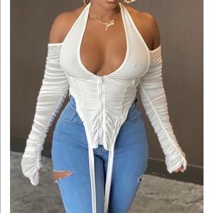 Long Sleeve White Mesh Halter Top